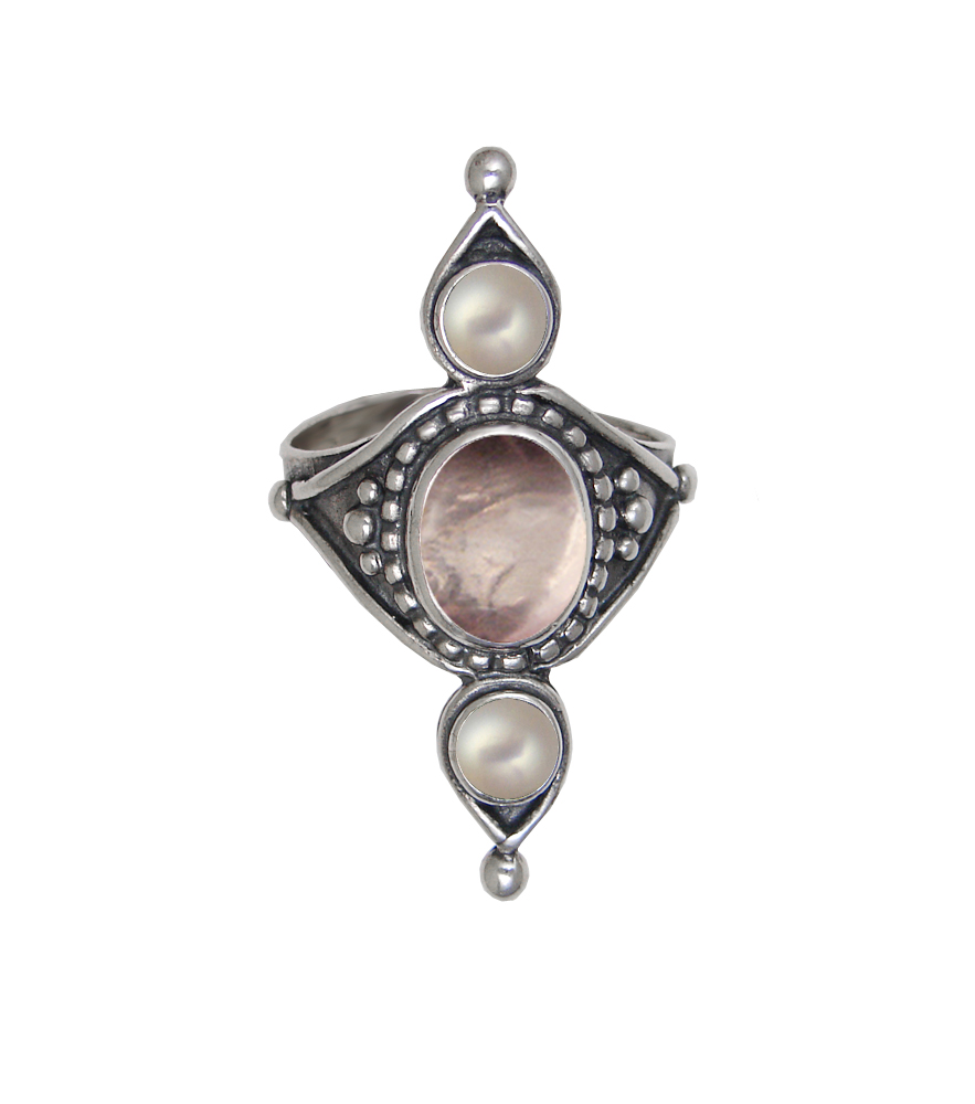 Sterling Silver Royal Ring With Rose Quartz And Cultured Freshwater Pearl Size 10